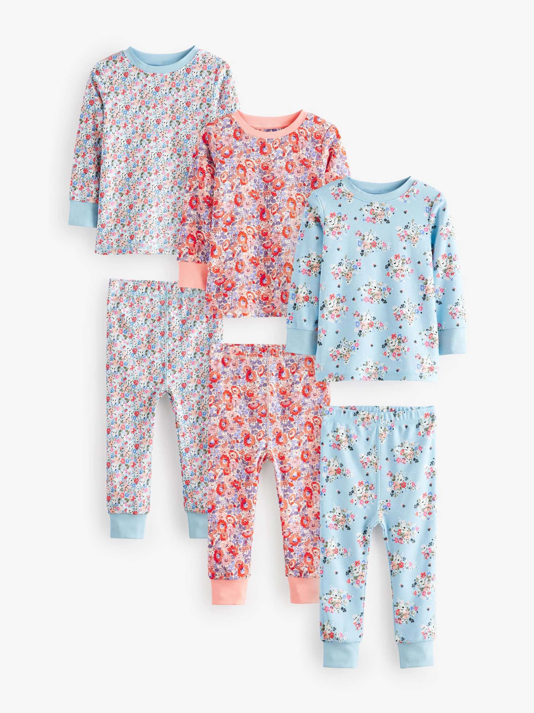 Blauw-rood gebloemd - Set van 3 pyjama's met bloemenprint