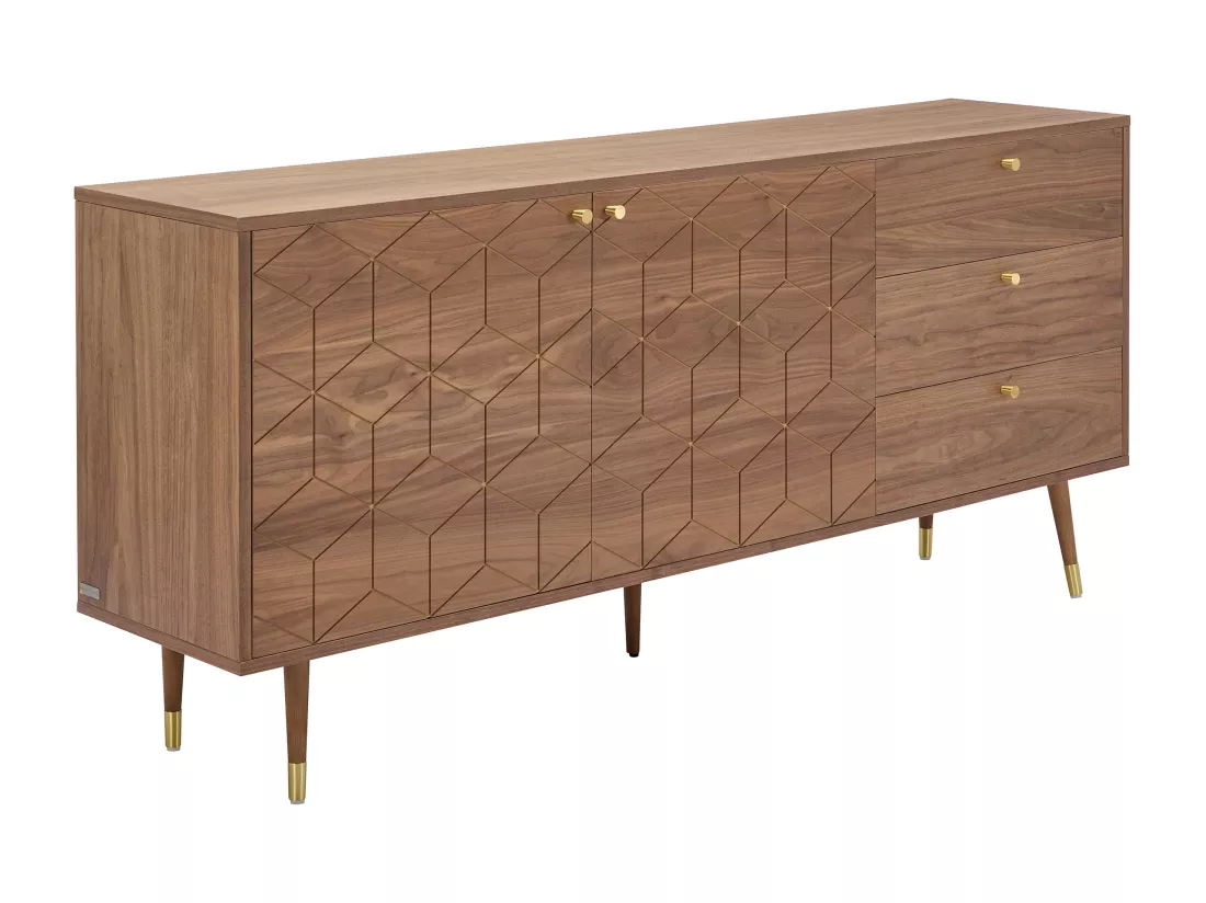 Buffet avec 2 portes et 3 tiroirs placage noyer - Naturel foncé et doré - PARIOMA