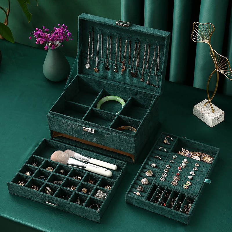 Flanell Schmuckschatulle mit Schloss Aufbewahrungsbox Organizer für Ringe / Halskette / Ohrringe / Armbänder - Dunkelgrün