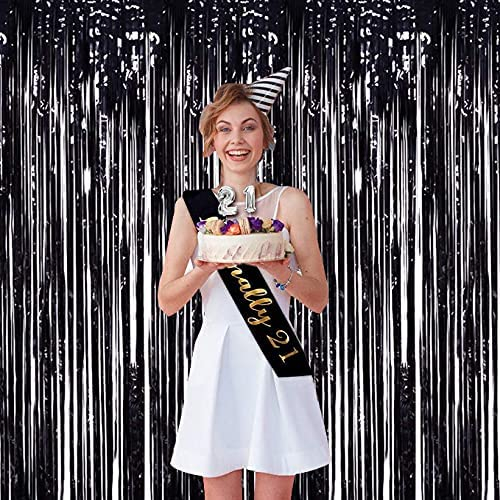 (245x90cm) Party Deko Lametta Vorhang Glänzender Fransen Vorhang Foto Hintergrund - Schwarz