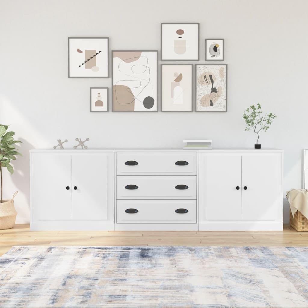 vidaXL Sideboard 3-TLG., Kommode mit viel Stauraum, Schrank mit Schubladen Türen, Mehrzweckschrank Anrichte für Wohnzimmer, Modern, Weiß Holzwerkstoff