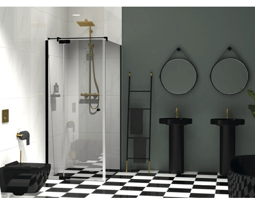 Jungborn douchedeur met zijwand SETTE, draaideur met vast paneel links en zijwand rechts, 80 x 90 cm, profielkleur zwart, helder glas met vuilafstotende coating en buffergreep