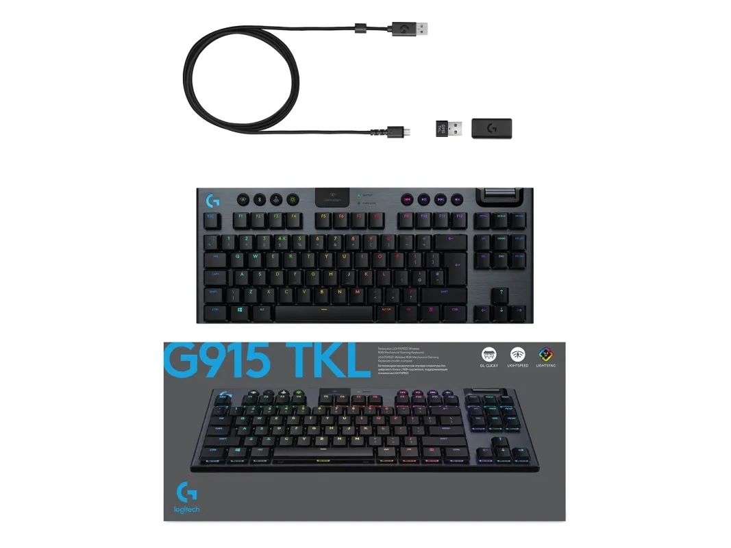 Logitech G915 TKL Tenkeyless LIGHTSPEED Wireless RGB Mechanical Gaming Keyboard - Tastatur - bagbelyst - USB, Bluetooth, 2.4 GHz - Nordisk - tastkontakt: GL Clicky - kulsort