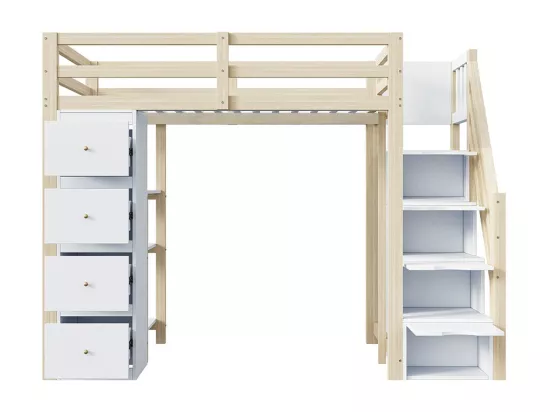 Lit mezzanine enfant 90x200 avec tiroir de rangement Commode avec étagères échelle à grimper de sécurité Couleur Bois