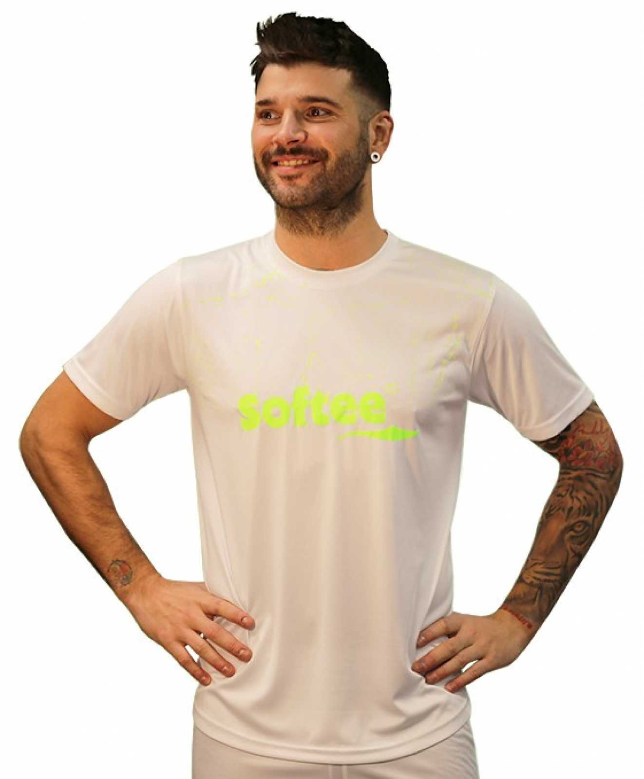 Camiseta masculina Softee Sensation nas cores amarelo fluorescente e branco.
