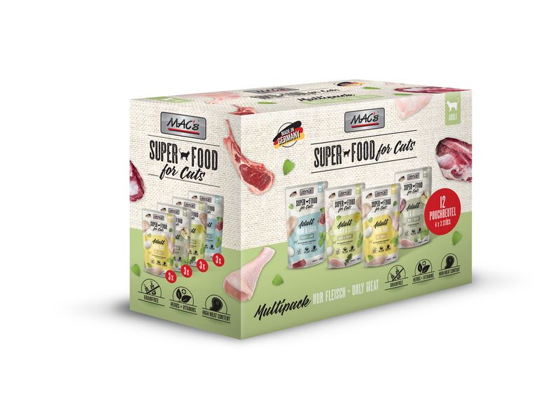 MAC's Nassfutter Multipack mit Fleisch 12 x 100 g Alleinfuttermittel für ausgewachsene Katzen