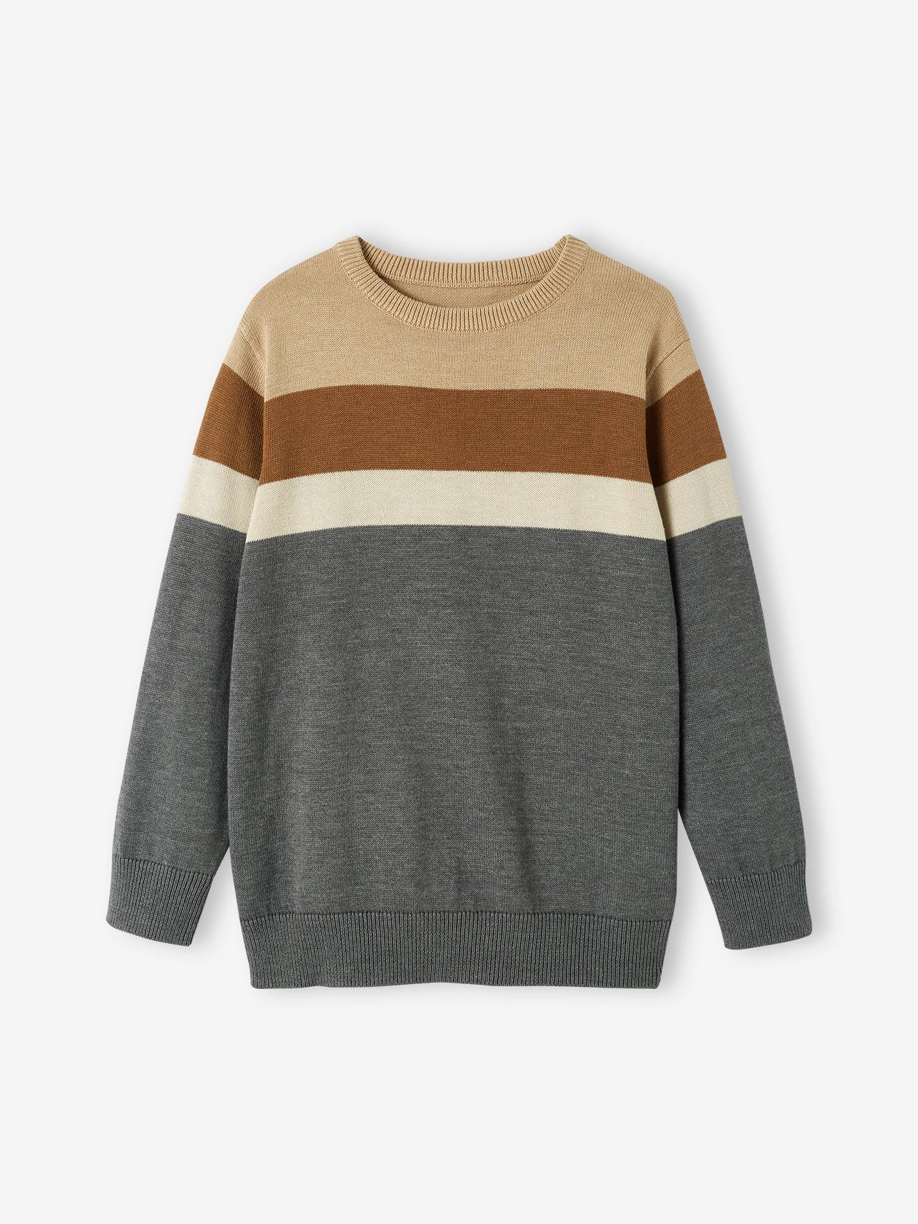 Suéter de malha fina com listras largas para meninos, bege claro, liso com estampas.