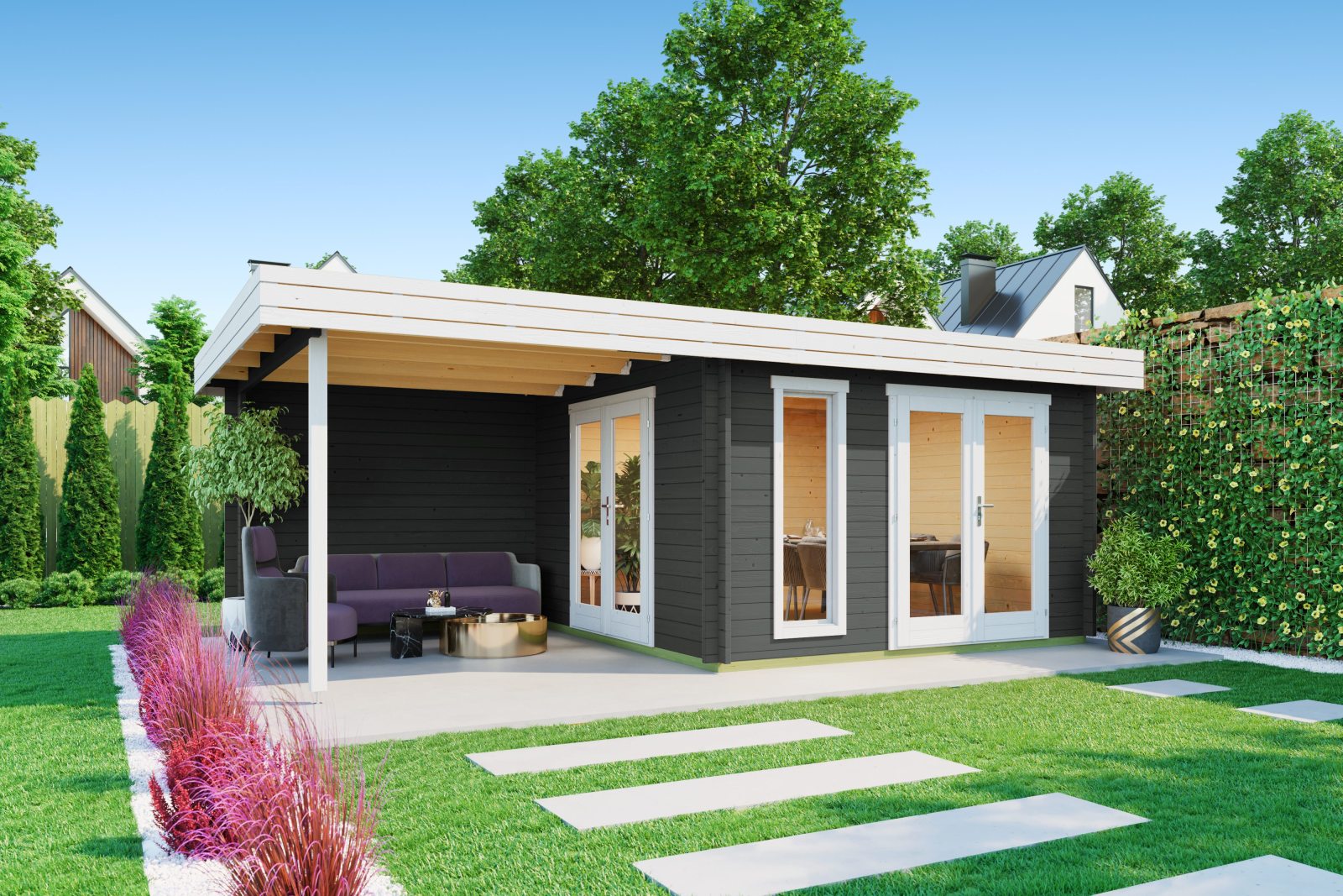 Gartenhaus ANDERS - carbongrau - Fichte massiv - 360x360 cm