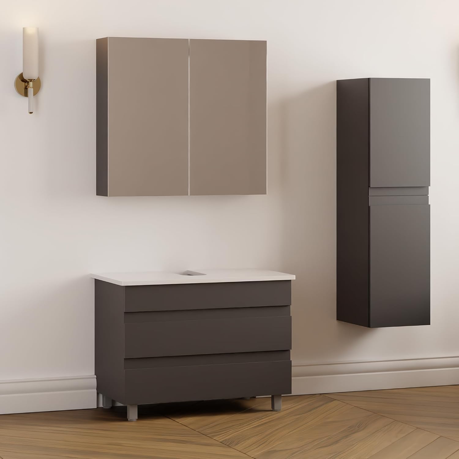 Karen Badmöbel Set Anthrazit | Badezimmermöbelset stehend | Waschbeckenunterschrank mit Schubladen | Waschtischunterschrank & Spiegelschrank 60 cm oder 80 cm | Badezimmerschrank (Lara 80 Weiß)