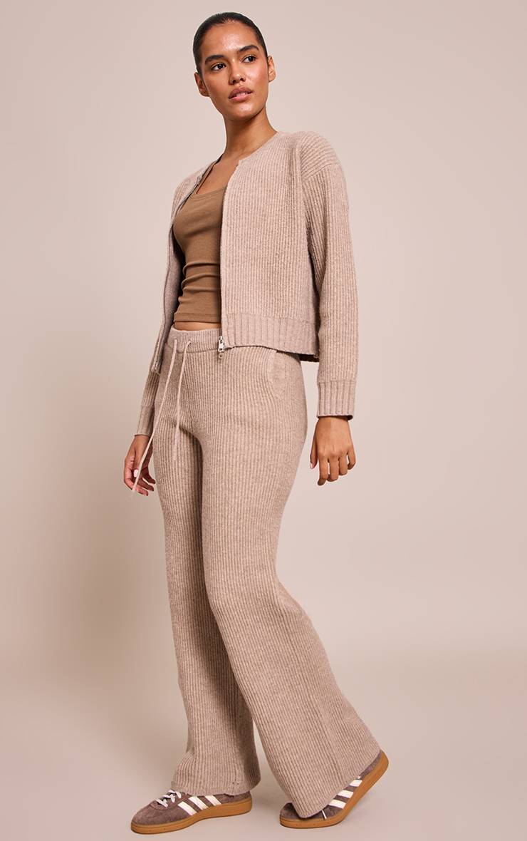 Taupe Cardigan Zippé En Maille Côtelée Brossée