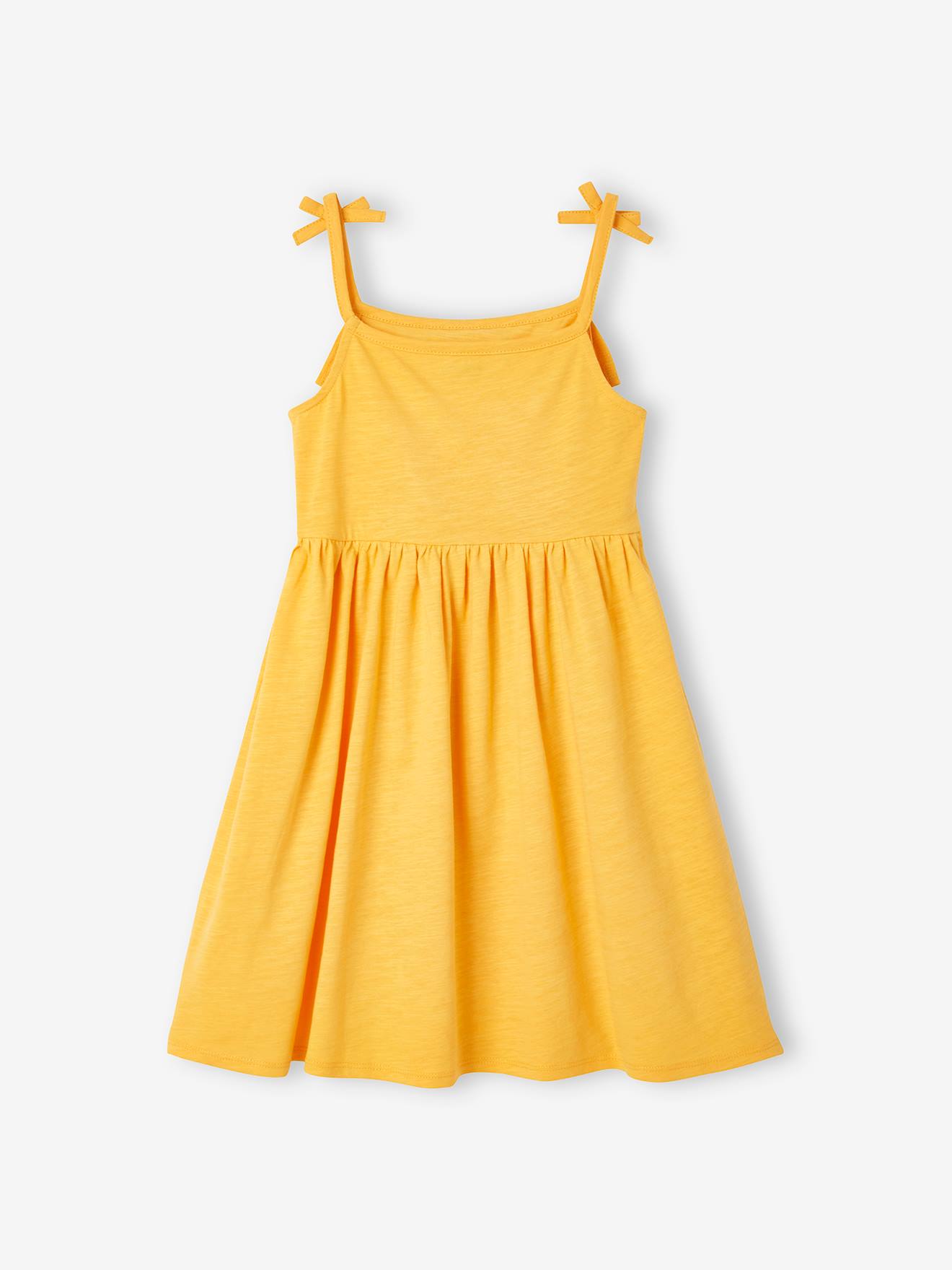 Conjunto com 2 vestidos de alças, 1 estampado + 1 liso, para meninas, amarelo médio, bicolor/multicolorido.