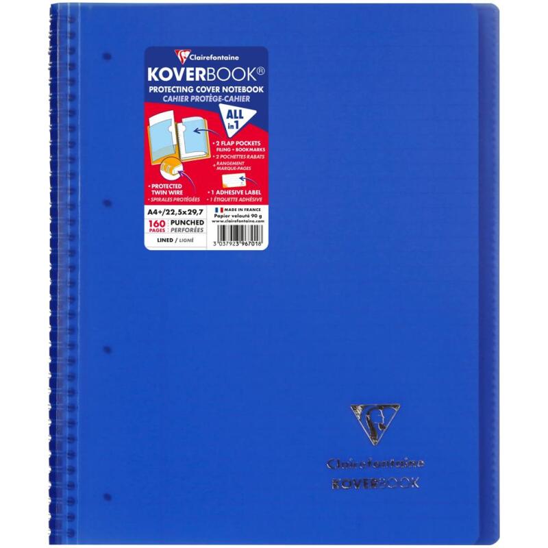 Cahier reliure intégrale enveloppante Koverbook A4+ 160 pages ligné sans marge détachables perforé 4 trous couverture polypropylène transparent - Assortis