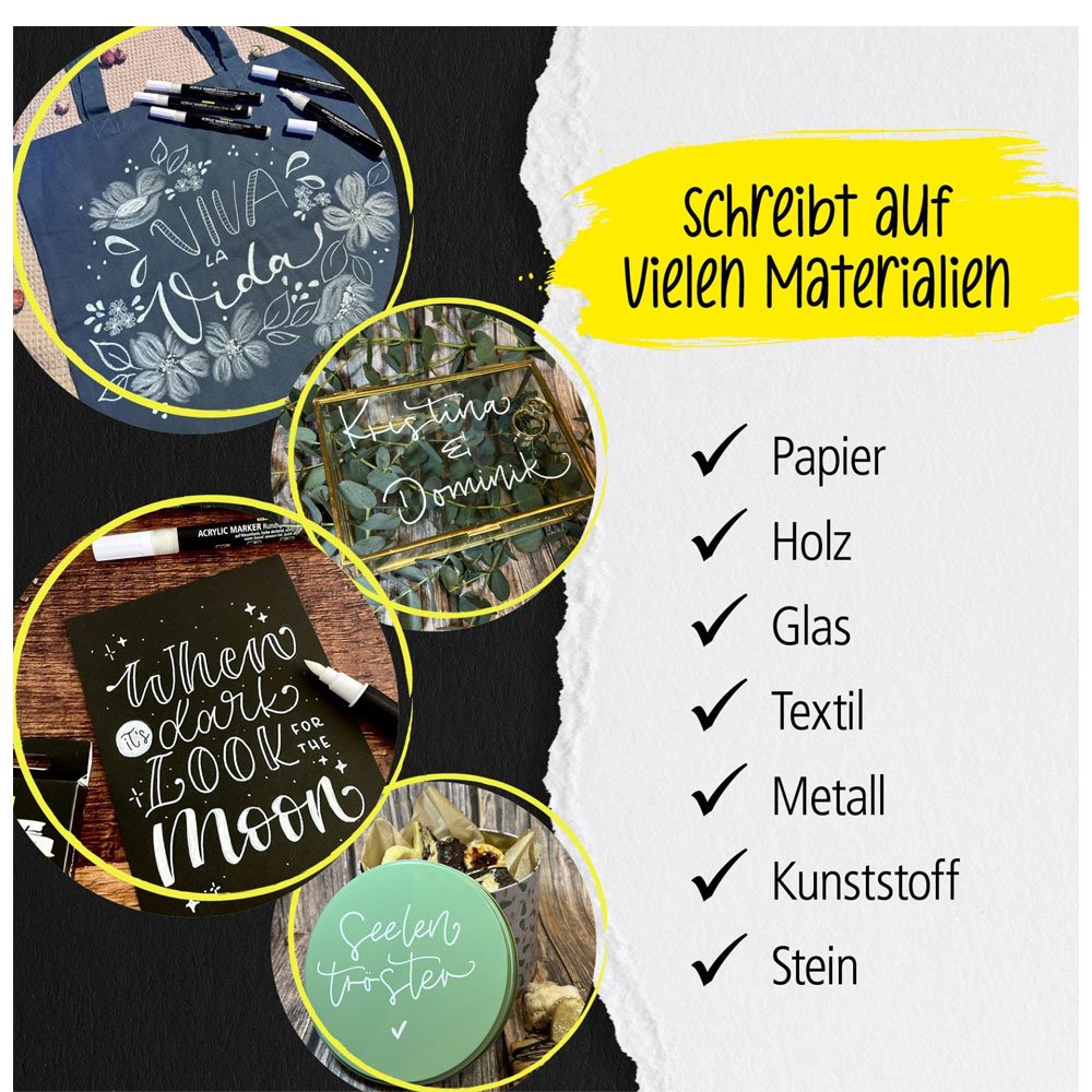 (5er Set) White Lettering Marker Wasserbeständige Acryl Brushpens Mal Stifte (18511) - Weiss