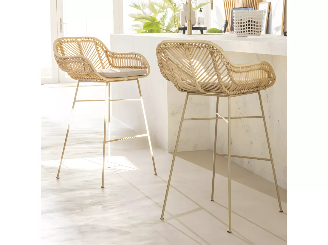 Nunuhai - Lot de 2 tabourets de bar en rotin pieds beiges H68cm - Naturel