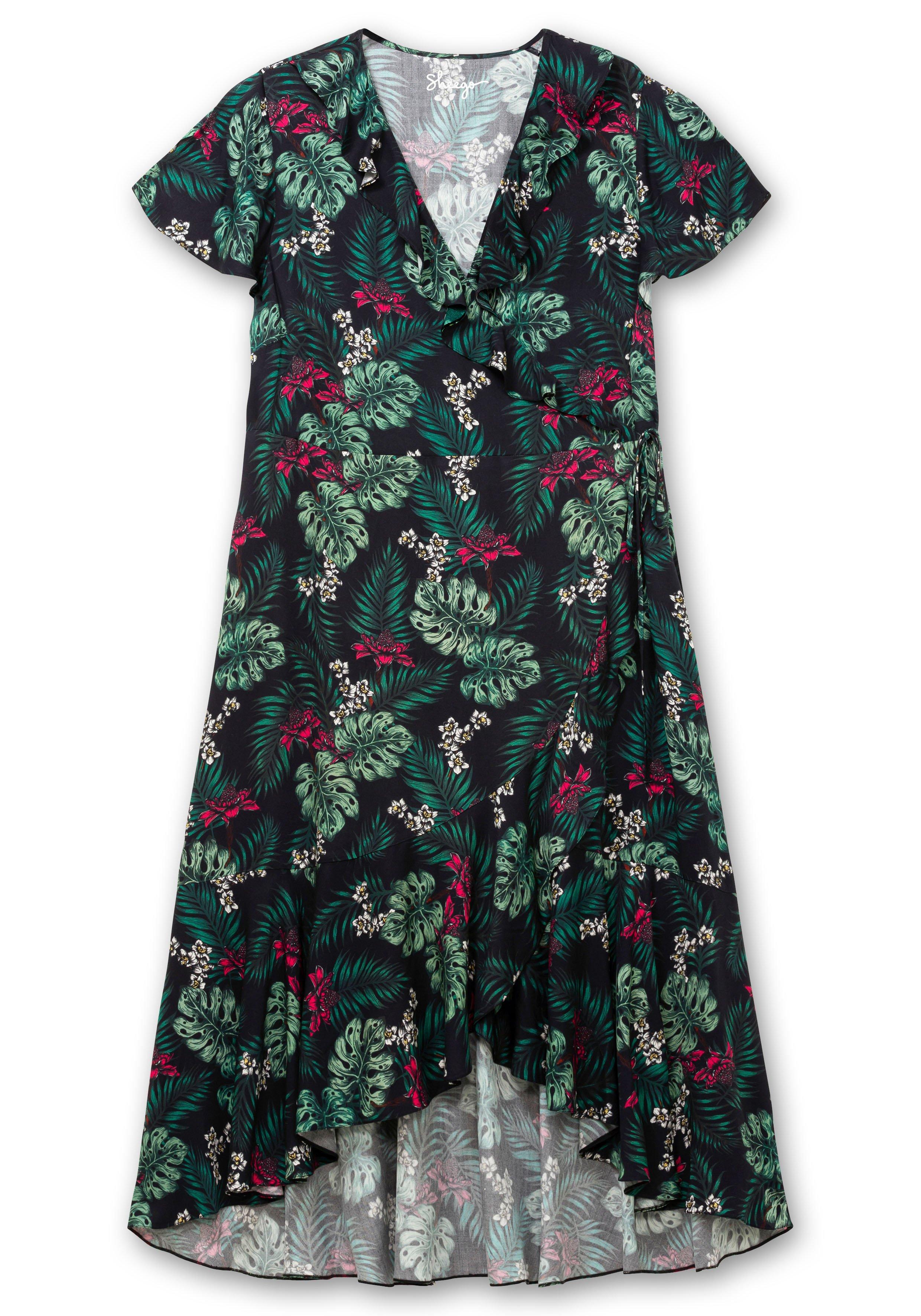 Wickelkleid mit Tropenprint und Volant