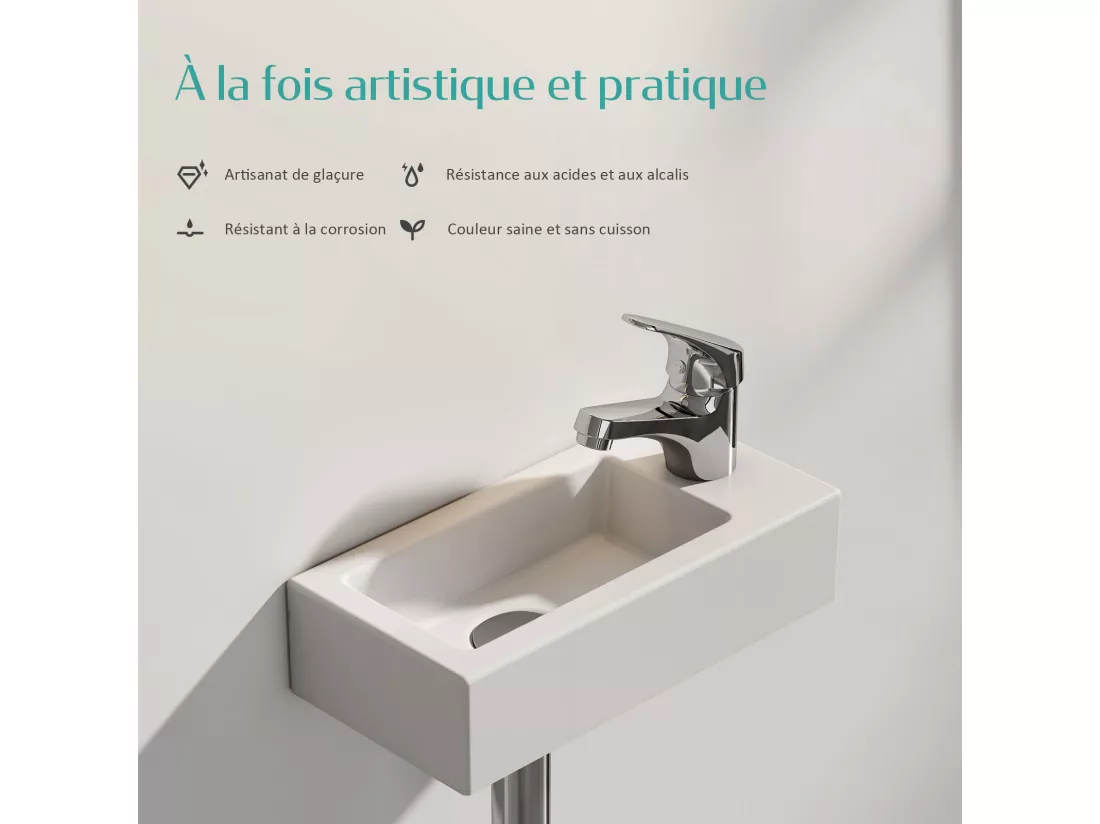 EMKE Vasque à Poser en céramique 40,5×20,5×10,5cm, Lavabo suspendu rectangulaire avec robinet trou prépercé, blanc brillant
