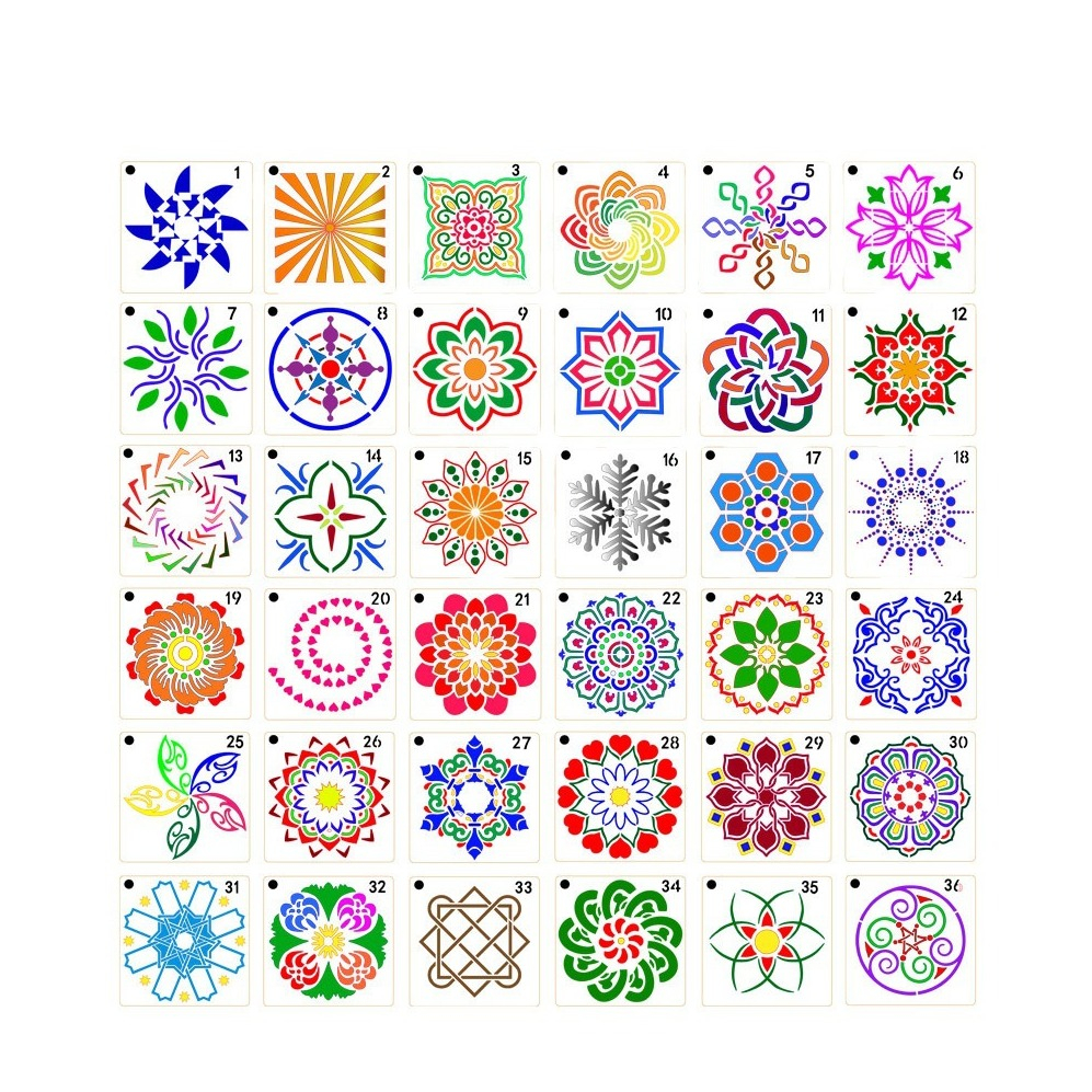 (36er Set) 9x9cm Zeichen Schablonen Wiederverwendbare DIY Mal Vorlagen - Mandala