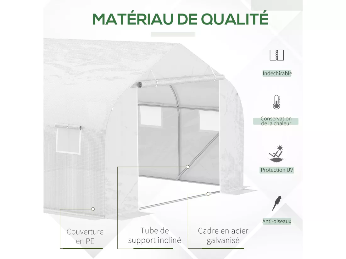 Serre tunnel de jardin 3,5 x 3 x 2 m grande taille 6 fenêtres blanc