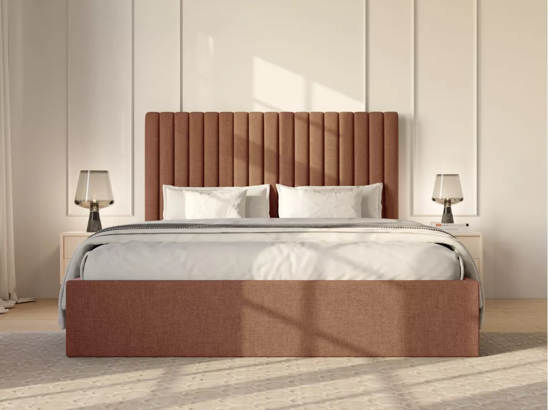 Lit coffre 160 x 200 cm avec tête de lit coutures verticales - Tissu - Terracotta - SARAH