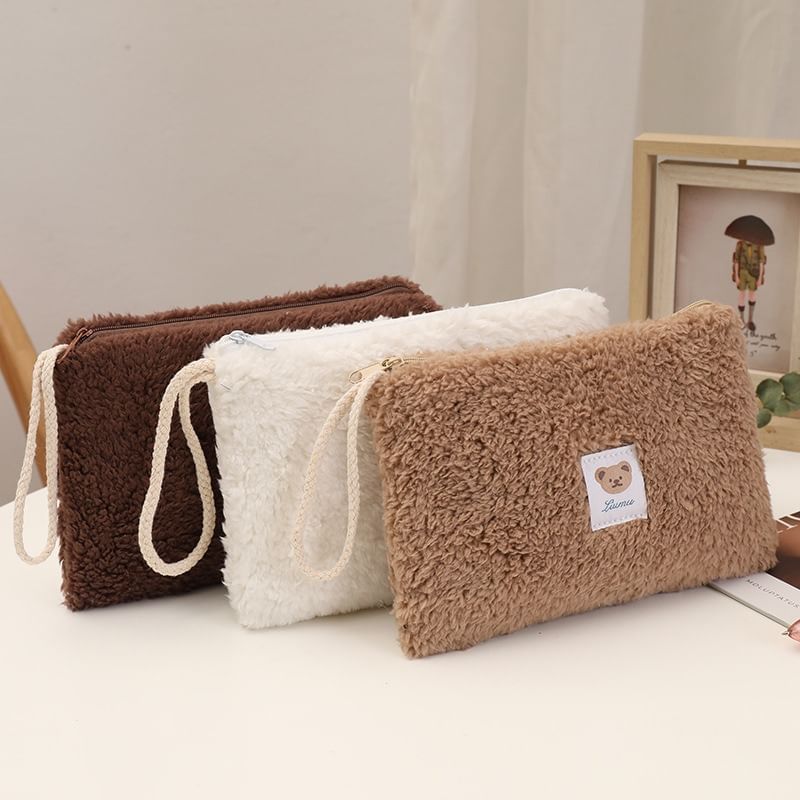 Ikiana - Fleece tas met rits en applicatie van een beer