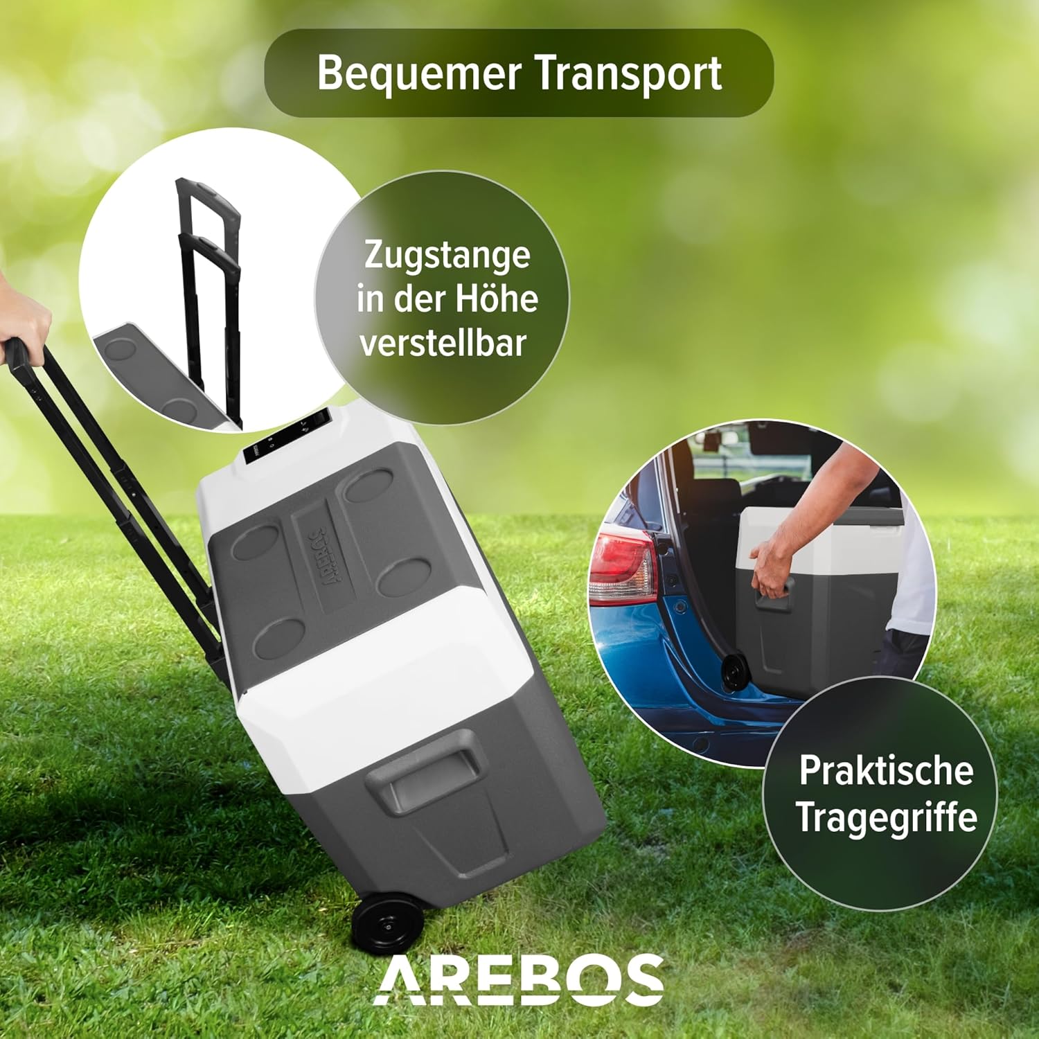 Arebos Kompressor Kühlbox mit Rollen 27 Liter | Elektrische Gefrierbox mit APP & Smart-Steuerung | Mobile Kühltruhe mit USB-Anschluss | bis -20 °C | 12/24 V 230V | für Auto,LKW,Camping,Boot,Wohnmobil