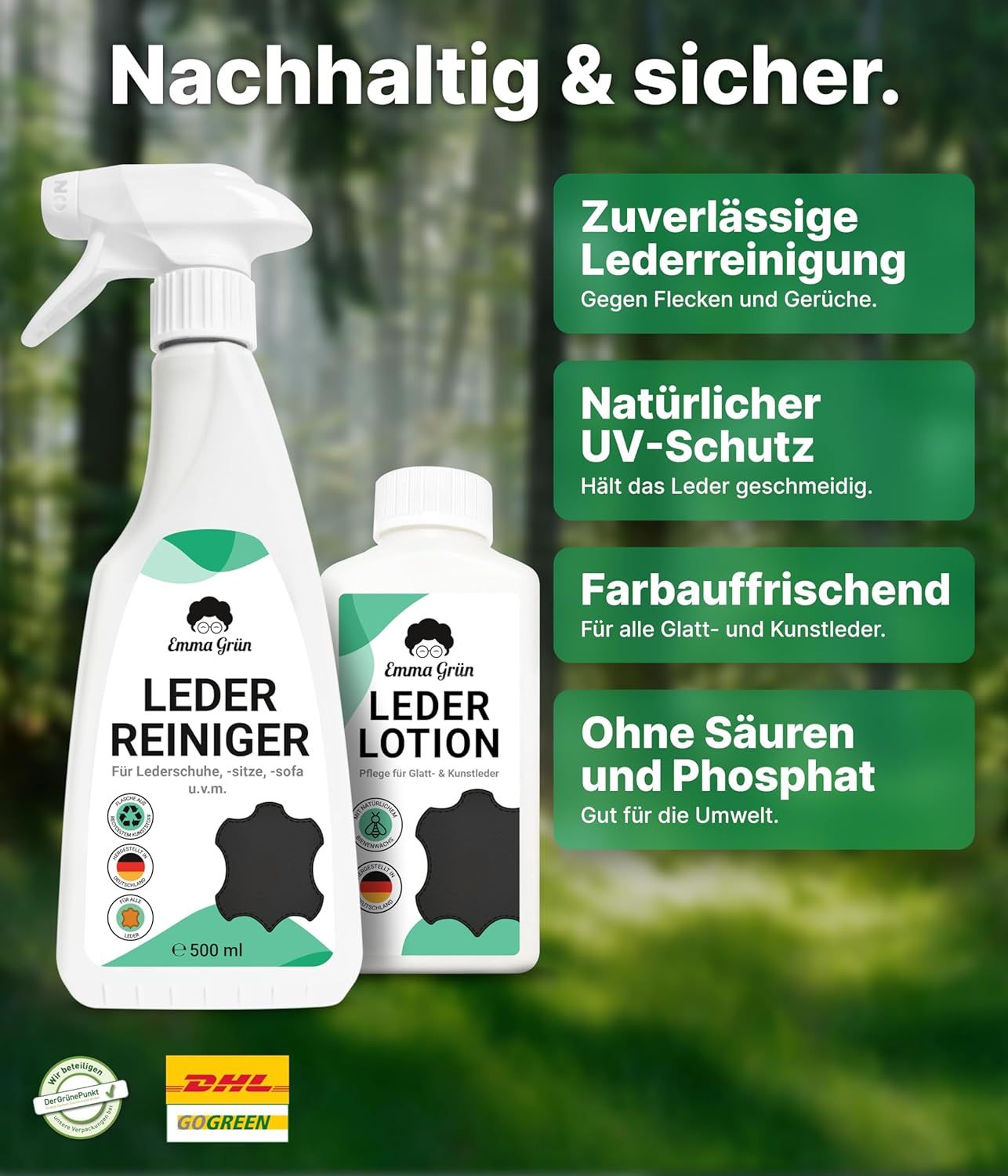 Emma Grün® Leder Komplettset mit Lederreiniger & Lotion inkl. wiederverwendbarem Schwamm & Bürste