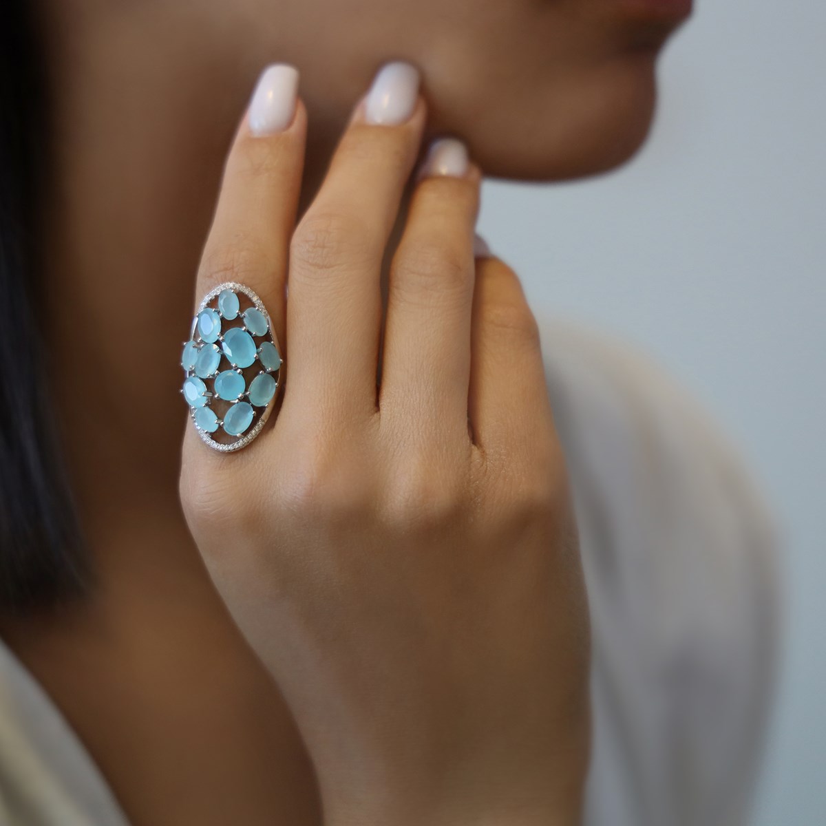 Bague Argent Asymétrique Pierres Bleues