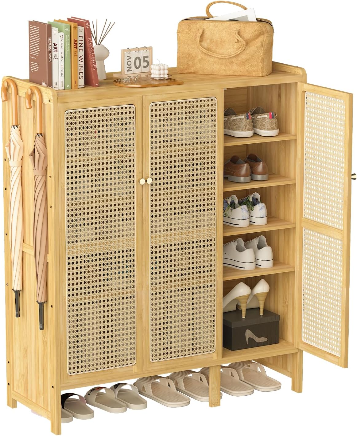 unho Meuble Chaussure d'Entrée en Bambou: Rangement Chaussure avec 5 Étagères Armoire à Chaussures avec 4 Crochets Design - 90.5 × 35 × 107 cm AK3268739