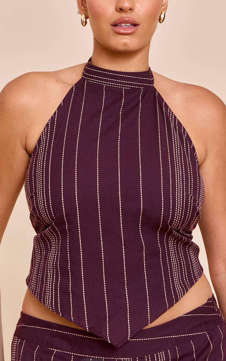 Marron Top Grande Taille À Rayures Brodé Avec Encolure Américaine