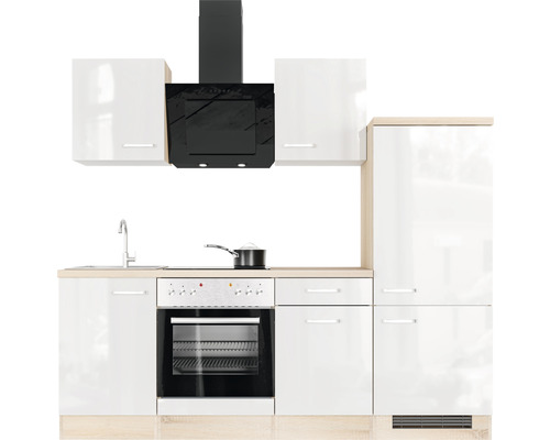 Flex Well keukenblok met Valero apparatuur, 220 cm, wit hoogglans, gedemonteerd, omkeerbare uitvoering 00012336
