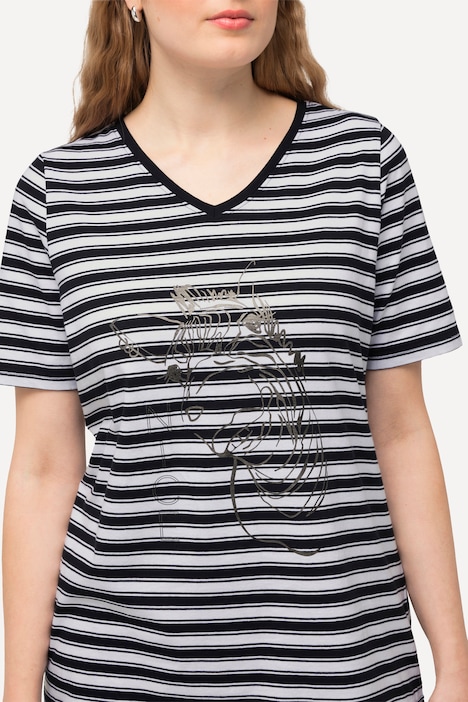 T-Shirt, Ringel, Metallic-Tiermotiv, V-Ausschnitt, Halbarm