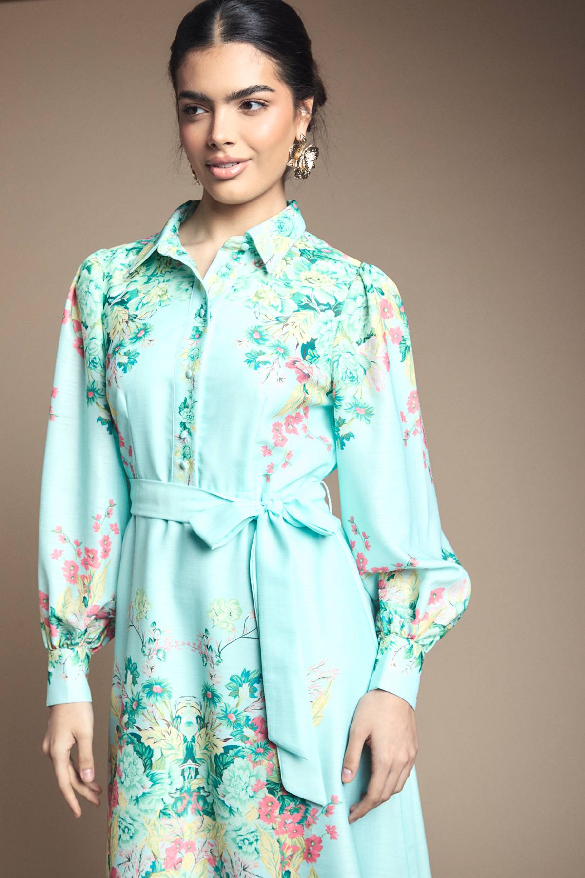 Wallis Robe Chemise Midi Fleurie Western avec Ceinture
