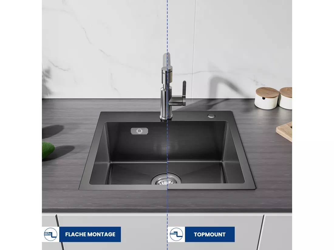 Cecipa MAX Évier Cuisine 1 Bac 50×45×18.5CM Évier Inox Évier à Encastrer Noir + 300ML Distributeur de Savon de Cuisine Chromé