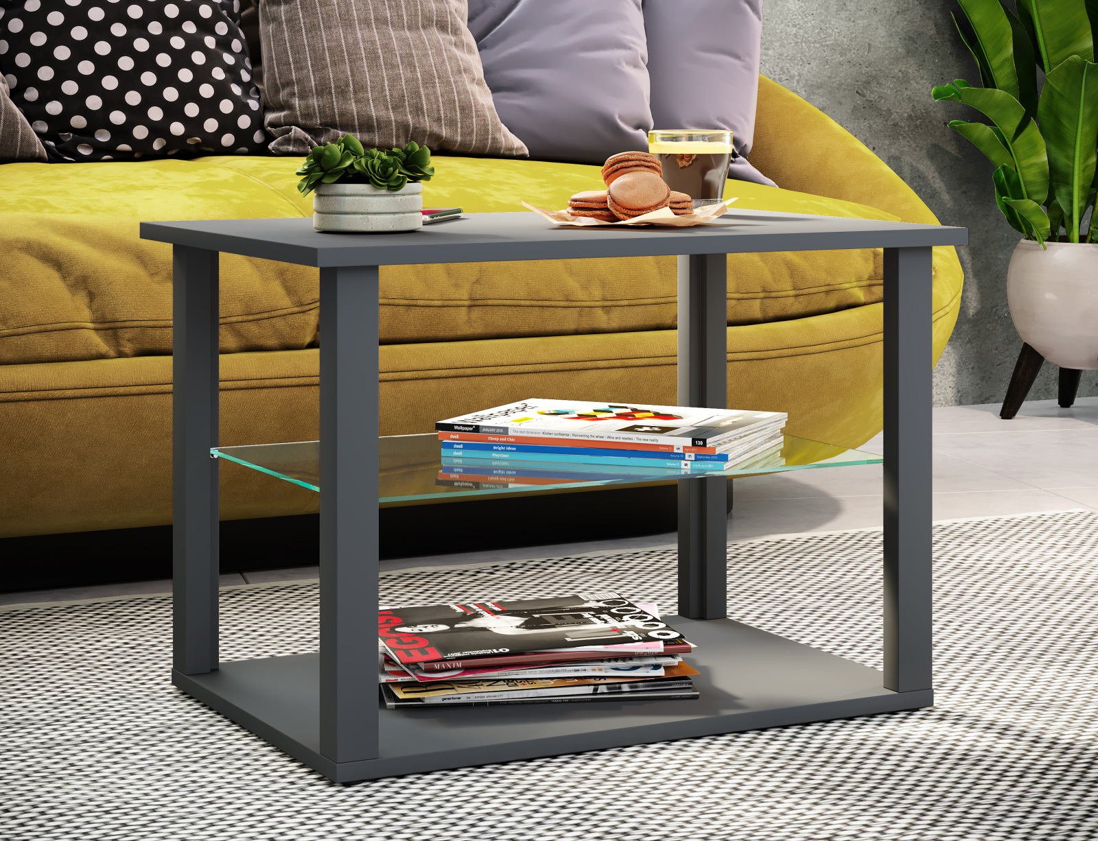 Couchtisch WANILO M - anthrazit - Glasboden - 65x45 cm
