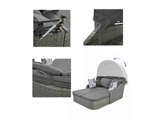 Salon de jardin pour 2 personnes - Canapé lounge en rotin PE avec 4 oreillers et auvent réglable - Gris