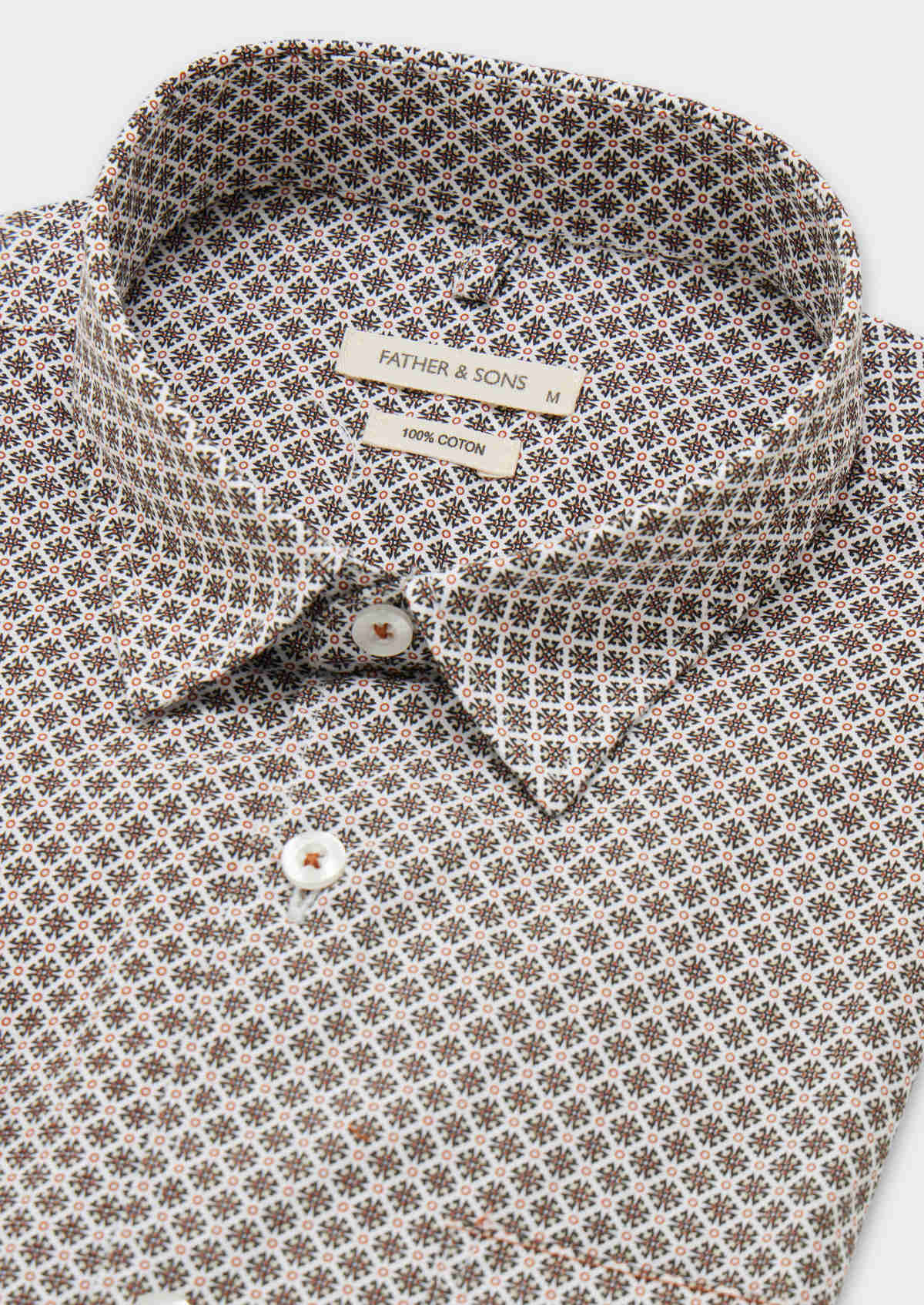 Chemise sport Slim en popeline de coton blanc à motif fantaisie noir et marron