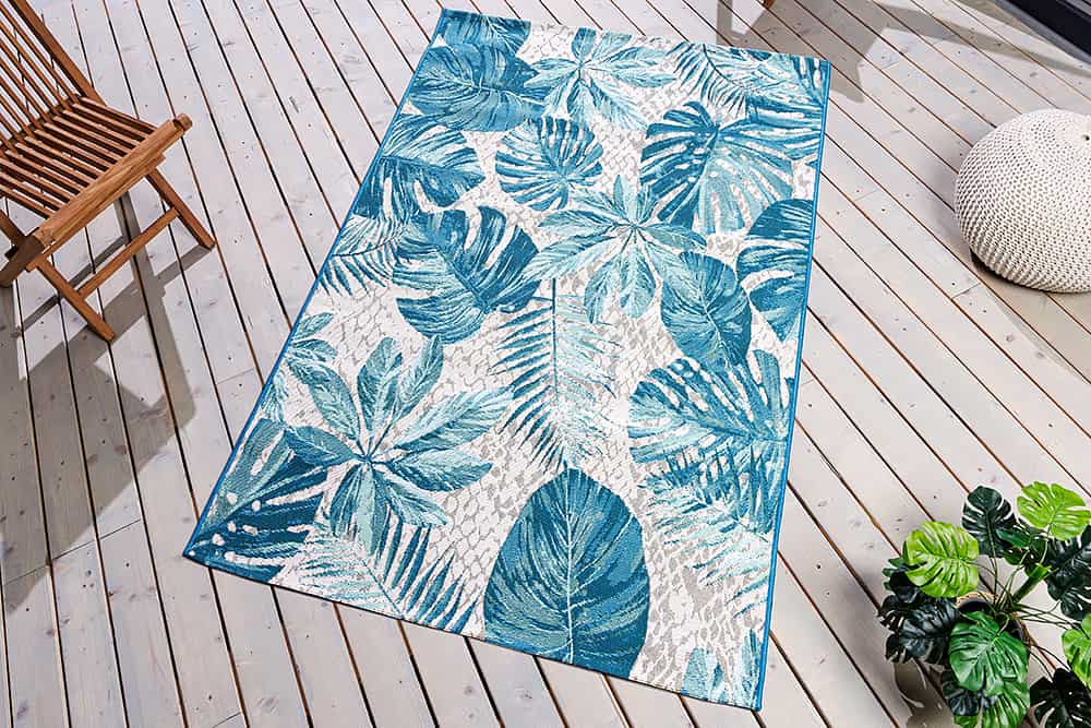 In- und Outdoor Teppich LEAF 175x120cm türkis weiß Blätter-Design Läufer wetterfest