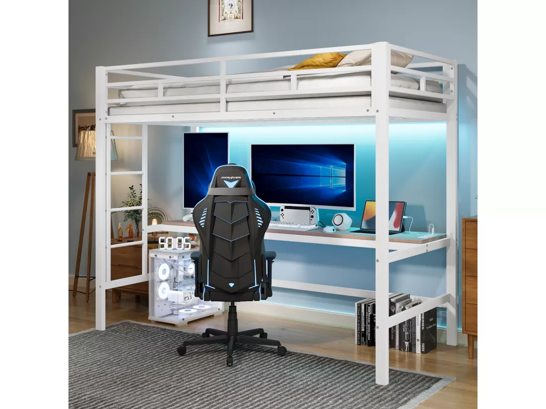 Lit mezzanine garde-corps et escabeau - 90 x 200 cm - avec USB et table - LED - sans matelas - métal - white