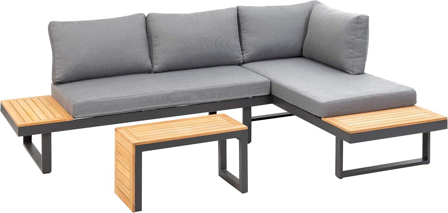 greemotion Lounge-Set Samara, Gartenmöbel-Set aus Aluminium, inklusive Kissen, Anthrazit / Holzfarben / Grau, Mittel