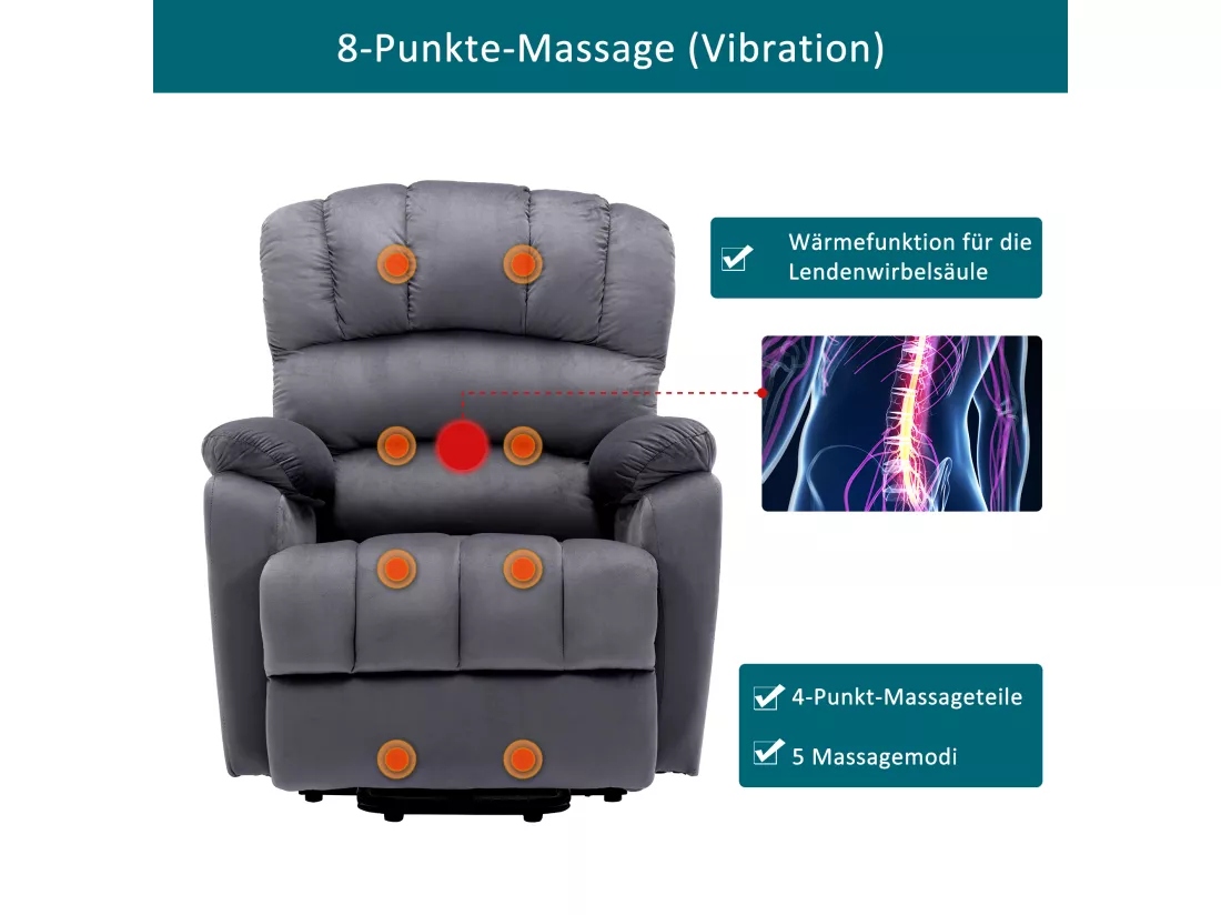 Fauteuil de relaxation électrique avecc fonction massage, fauteuil inclinable 160°, rembourré en tissu gris