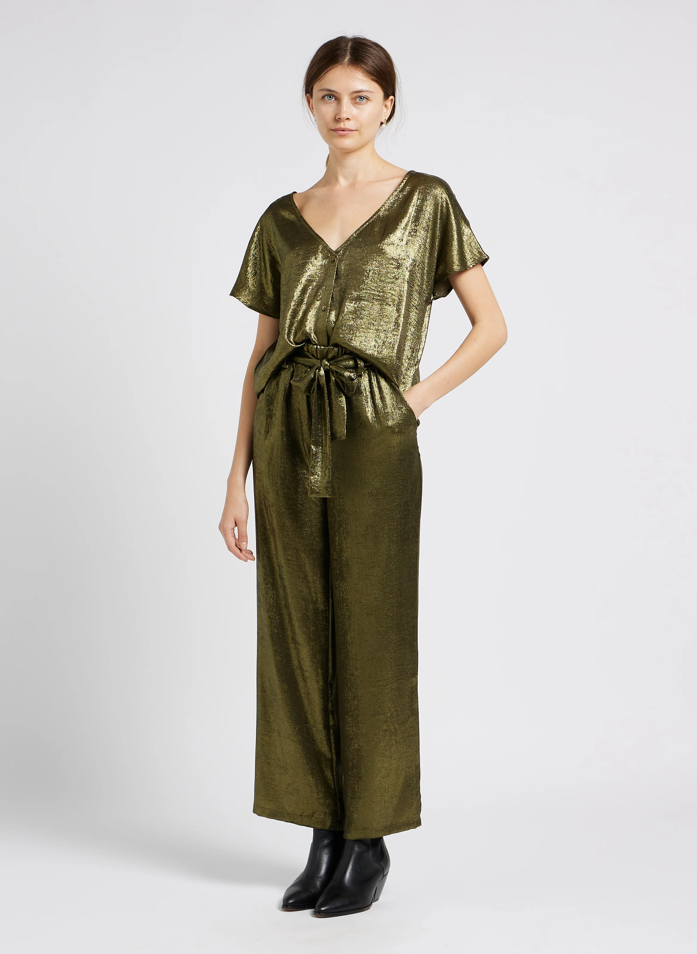 METALLA - Pantalon large satiné| Kaki