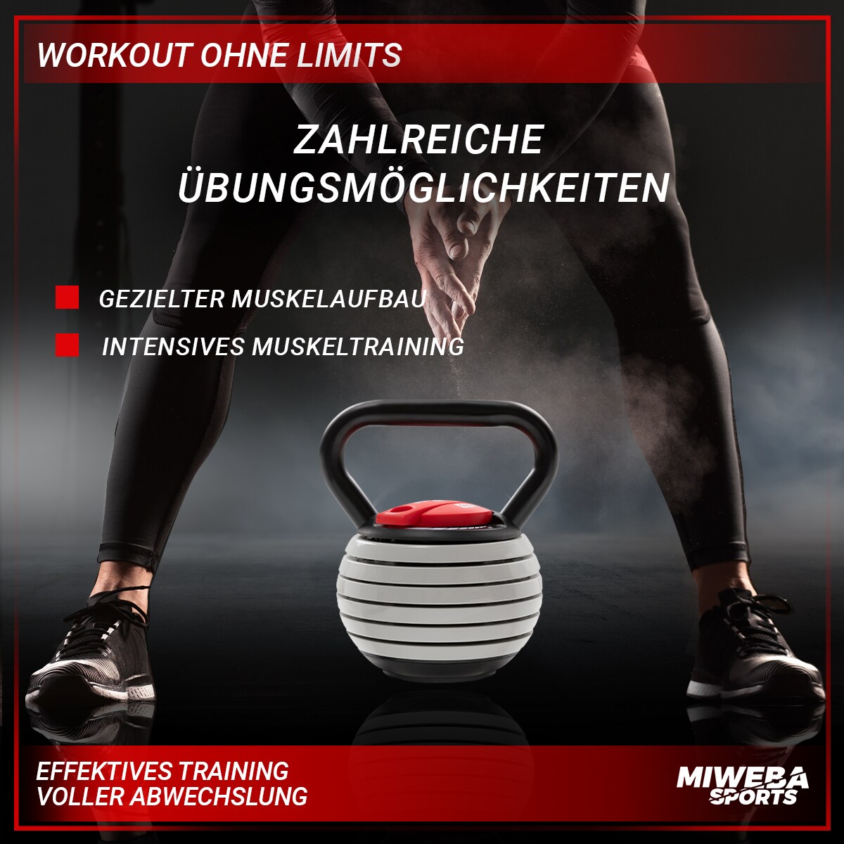 Miweba Sports Kettlebell KB300, verstellbar, 3,4-18 kg, 6 Gewichtscheiben, Easy-Lock-Mechanismus