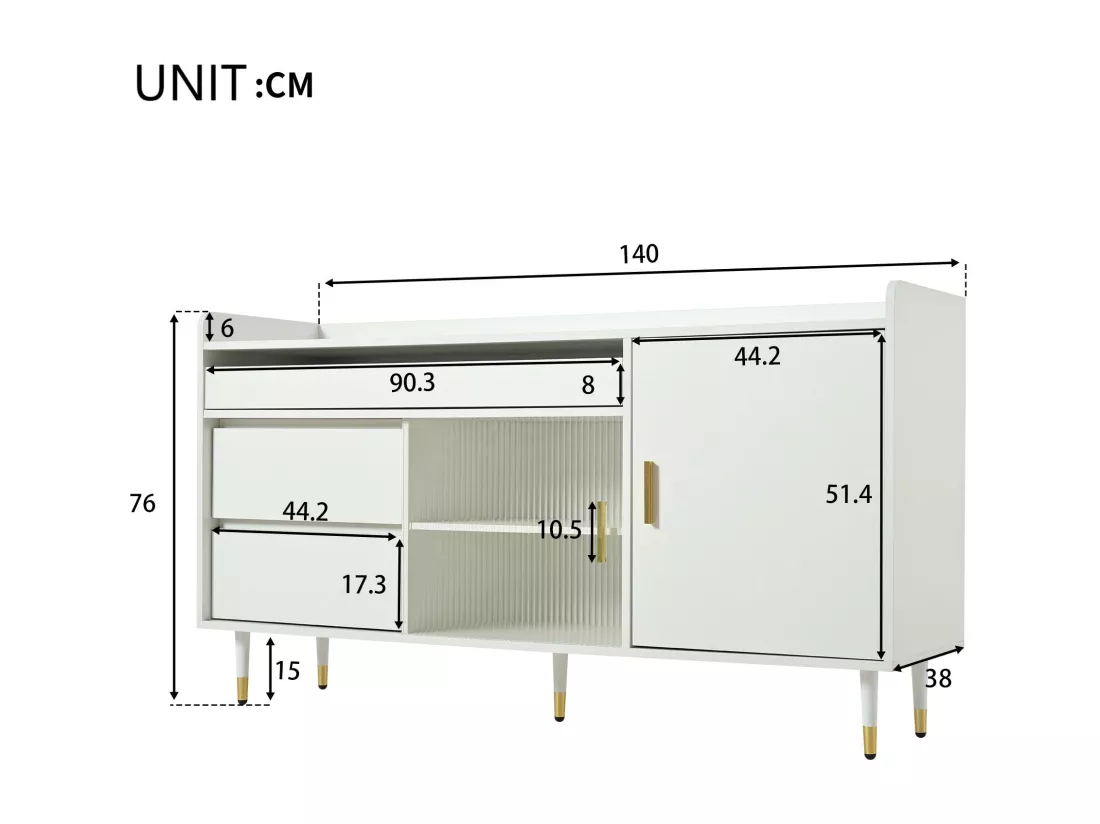 Buffet bas avec LED - 2 portes & 3 tiroirs - Blanc
