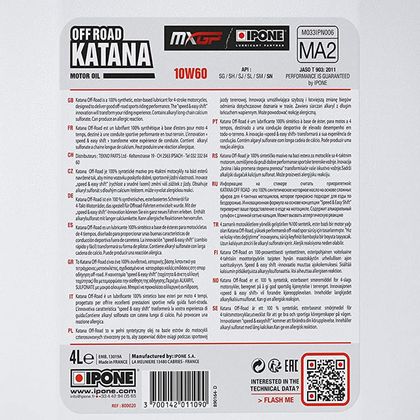 Huile moteur Ipone KATANA OFF-ROAD - 10W60 100% synthése - 4 LITRES Universel