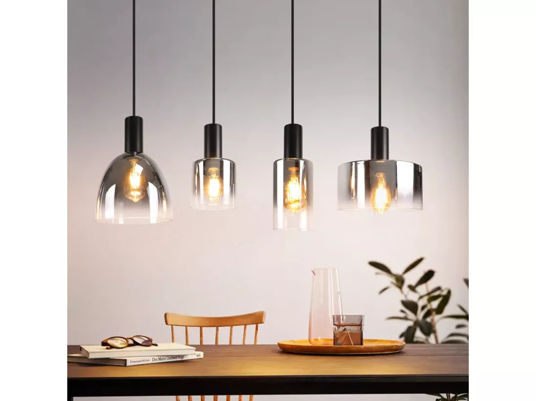 Lampe à Suspension Pour Table à Manger Vintage En Verre Gris Fumé E27 Réglable En Hauteur Pour Salon