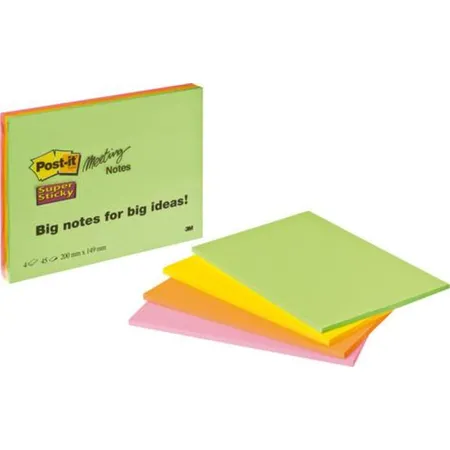 Post-it® Haftnotiz Meeting Notes, 200 x 149 mm, Neonfarben, 45 Blatt, 4 Block
