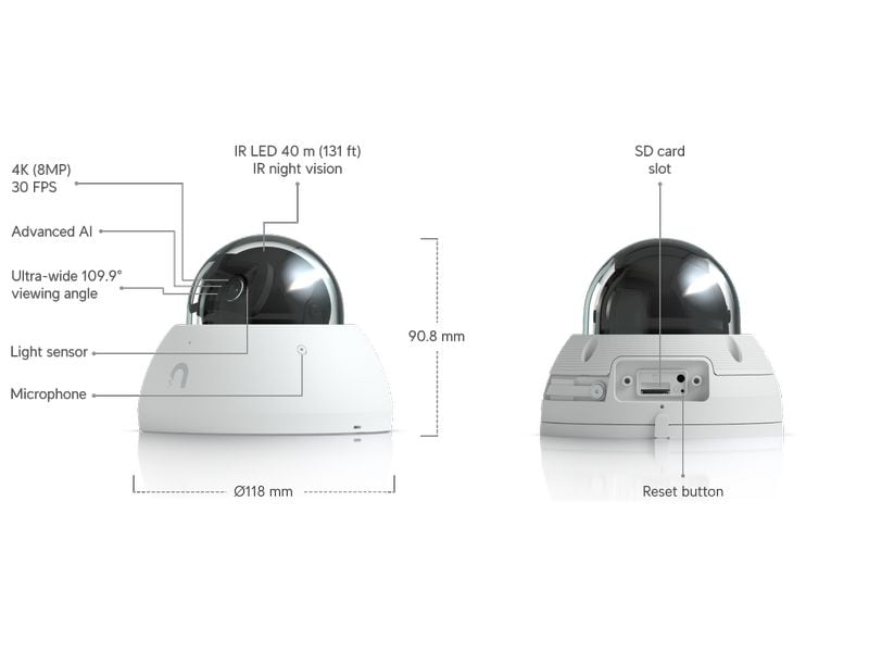 Ubiquiti Netzwerkkamera UniFi AI Dome Weiss Allwetter-feste, vandalismusgeschützte 4K PoE Dome-Kamera mit erweiterten KI-Fähigkeiten und Langstrecken-IR-Nachtsicht