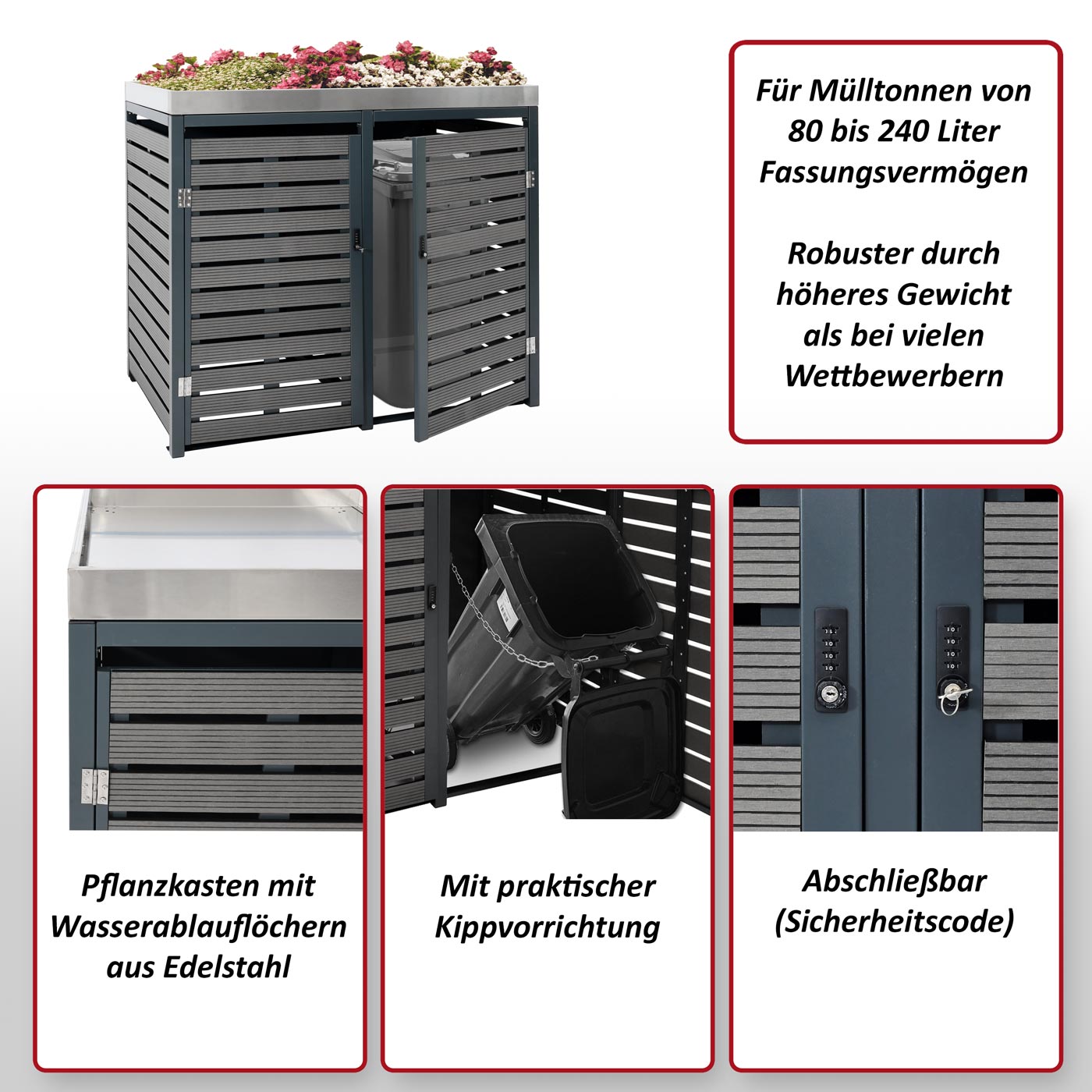 2er Mülltonnenverkleidung MCW-K14, Mülltonnenbox mit Pflanzkasten, 124x134x84cm WPC Edelstahl 79kg ~ anthrazit
