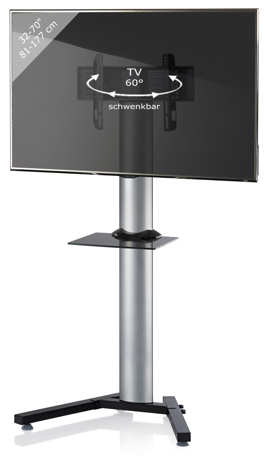 TV-Standfuß STADINO MAXI - silber-Schwarzglas - mit Ablage