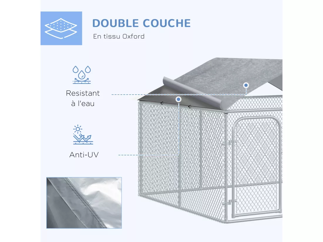 Chenil extérieur avec toit pour chien 5 m² - parc grillagé 230 x 230 x 175 cm - espace couvert - acier galvanisé